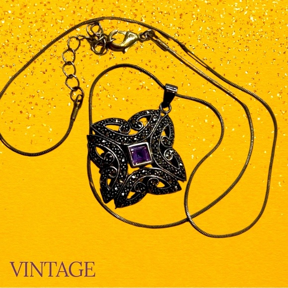 Vintage Amethyst & Marcasite Silver Pendant Necklace - Picture 1 of 7